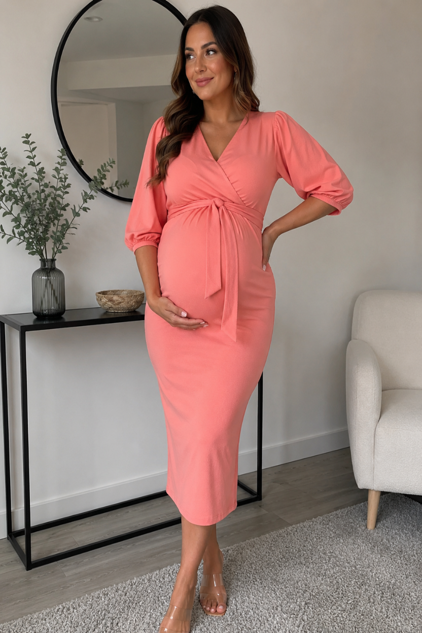 Boohoo Coral Wrap Maternity Dress - (Size 10)