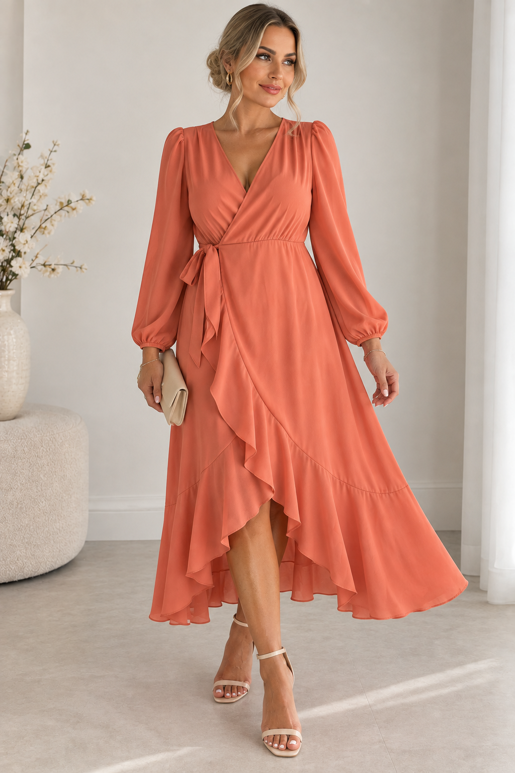 Boohoo Coral Wrap Dress – (Size 18)