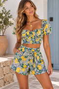 Primark Lemon Print Co-Ord & Necklace - (Size 10/12)
